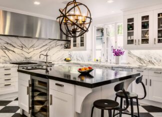The Countertops’ Counterpart On Your Kitchen Cabinets black and white kitchen marble countertops and backsplash