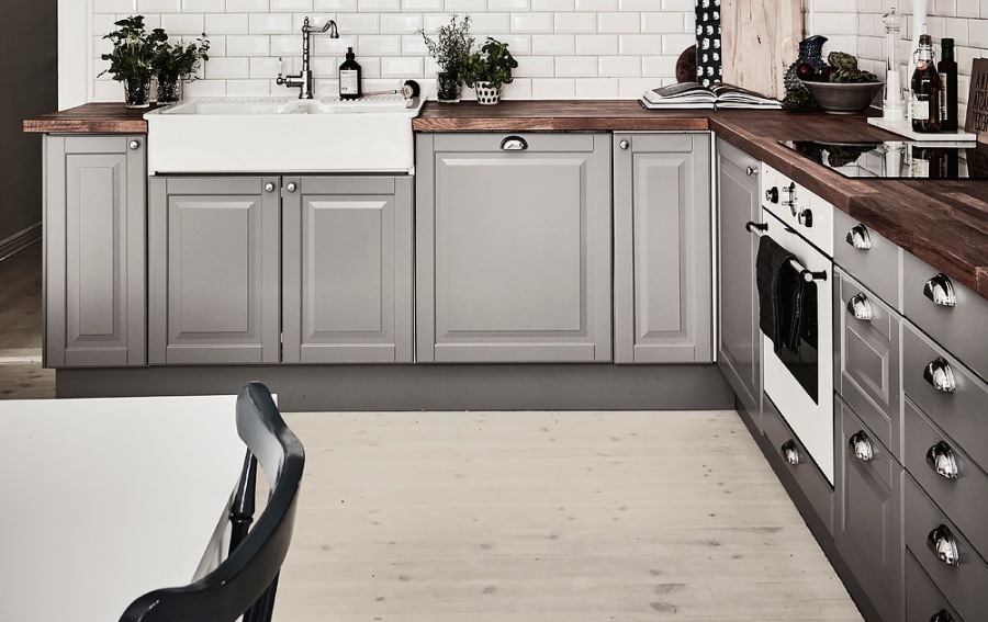 gray cabinets with wood accents