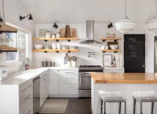 A Lesson In Standard Cabinet Terms white-kitchen-laminate-gloss-cabinets-open-shelving-wood-finished