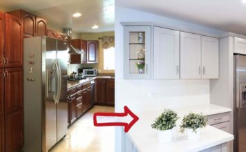 Warmth And Neutrality Combined: Gray Kitchen Cabinets maple-cabinets-to-gray-shaker-cabinets-remodel