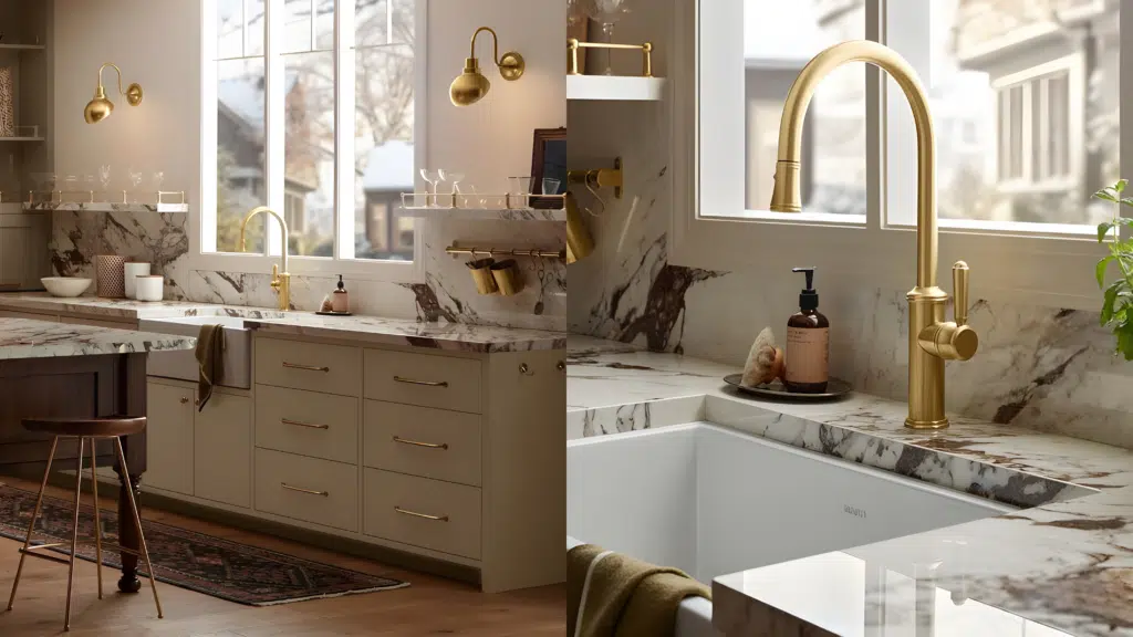 brushed brass, copper and gold kitchen fixtures