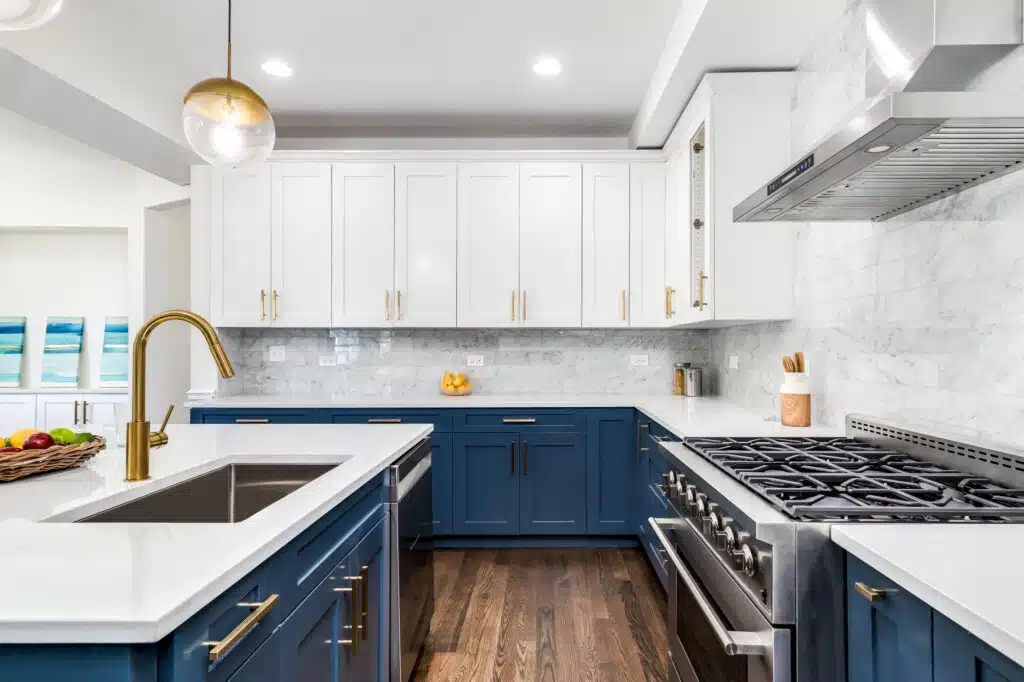 navy blue and white kitchen color trend