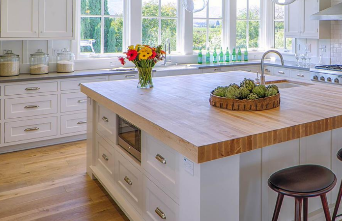 farmhouse kitchen with butcher block countertop