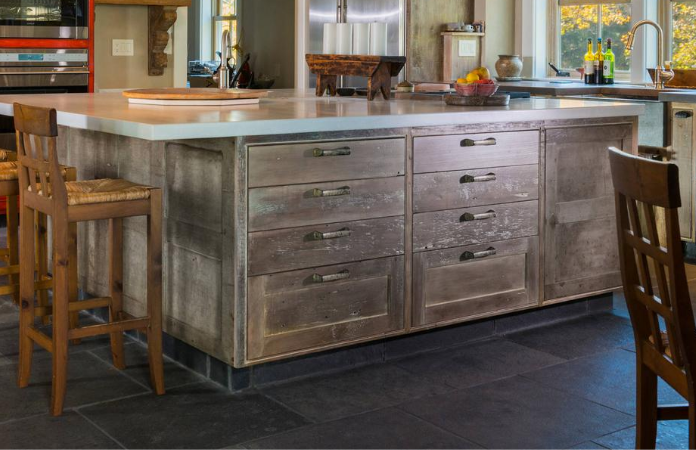 farmhouse kitchen with distressed finishes