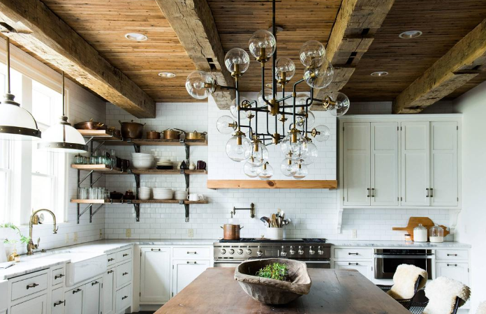 farmhouse kitchen with exposed wood beams