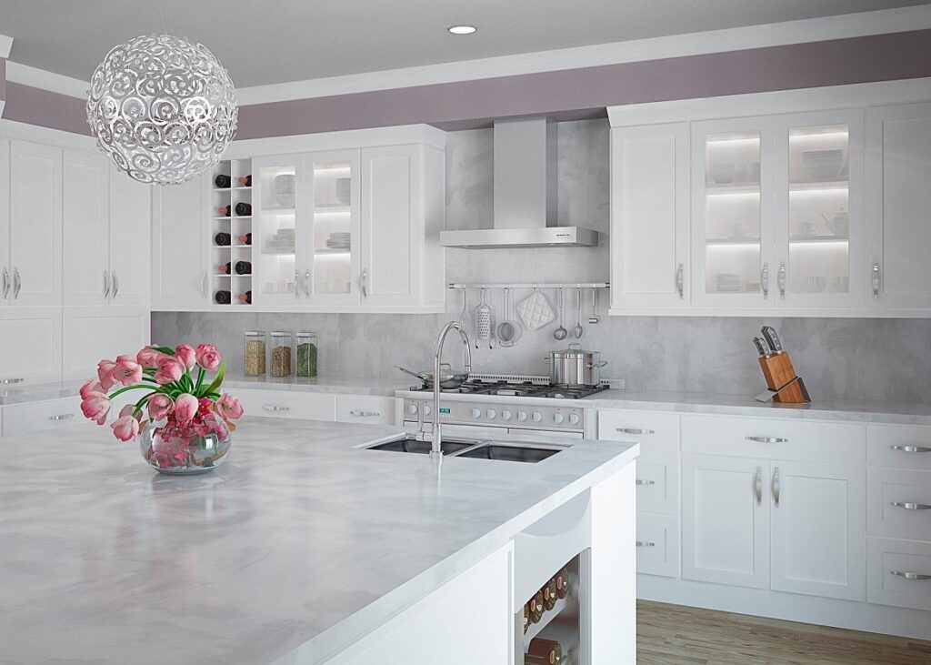 modern white shaker kitchen cabinets incorporating glass inserts and open shelving