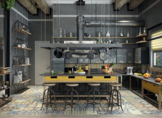14 Best Industrial Kitchen Design Ideas You Will Love dark grey walls and bright yellow accents