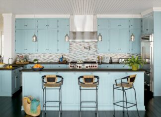 10+ Best Beach Kitchen Design Ideas You Will Love soft teal blue shaker cabinets for a coastal kitchen design