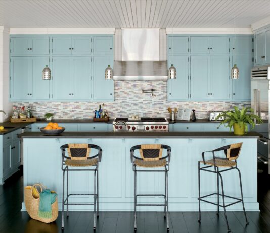 10+ Best Beach Kitchen Design Ideas You Will Love soft teal blue shaker cabinets for a coastal kitchen design