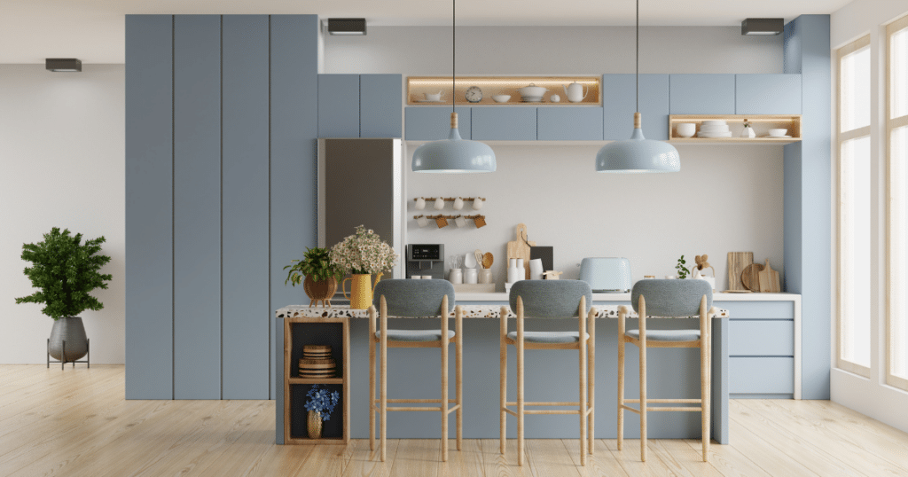 kitchen design with white walls and modern blue cabinets