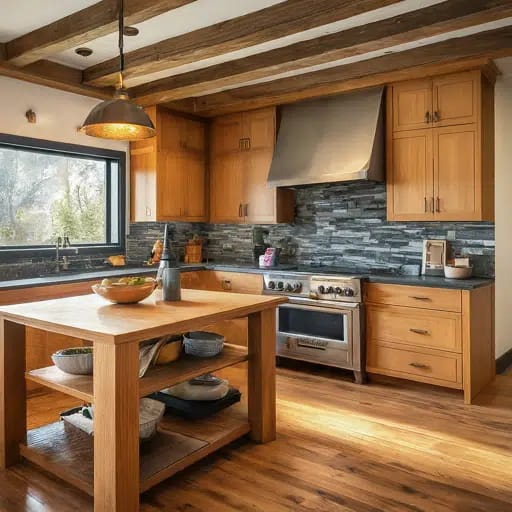 A kitchen with natural wood cabinets and stone countertops, creating a warm and inviting atmosphere