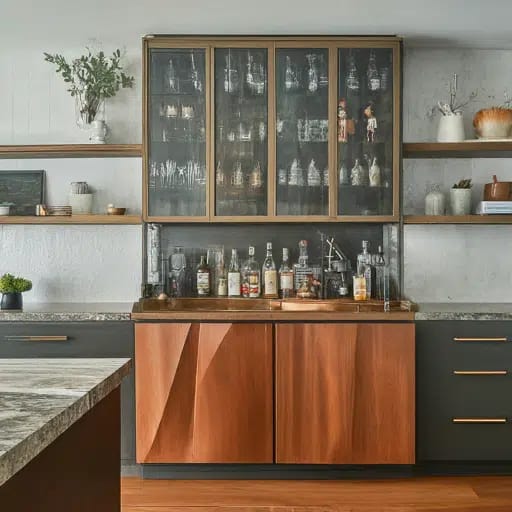 Kitchen with a geometric bar cabinet 