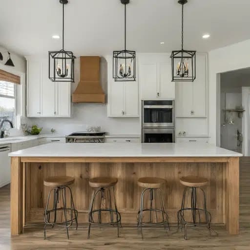 Rustic elegance meets modern functionality with a farmhouse-style island