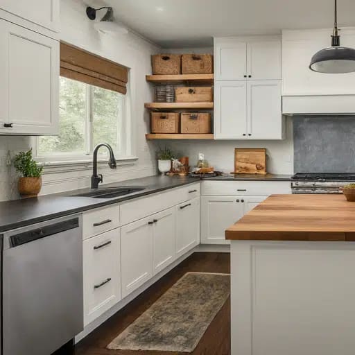 White shaker cabinets in natural textures creating a clean and inviting space