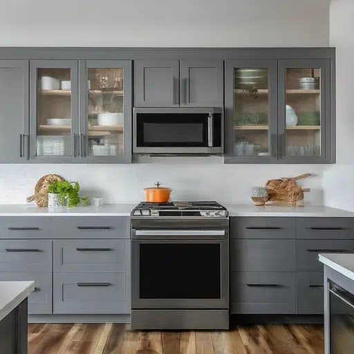 Gray wood cabinets offering a modern twist on the traditional rustic style
