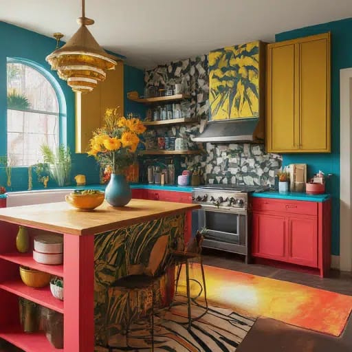 Kitchen designed in maximalist appraoch and hues