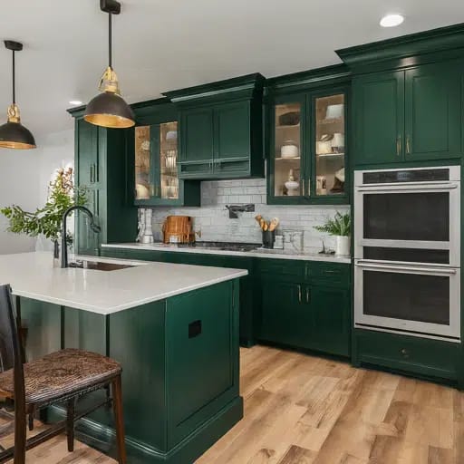 Alt text: Luxurious kitchen with dark green cabinets and high-end finishes