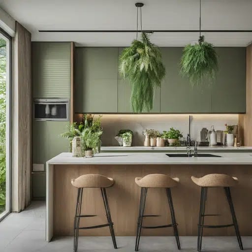 Alt text: A nature-inspired kitchen that celebrates natural elements and earthy tones