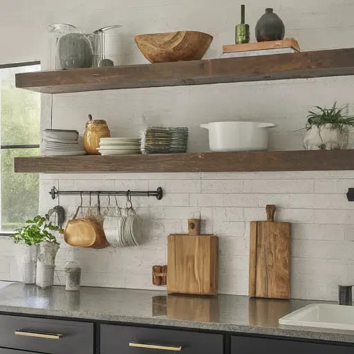  Floating shelves and peg rails for an organized modern kitchen
