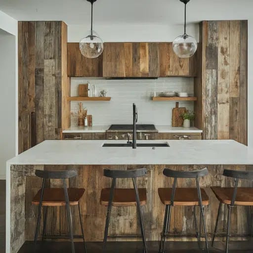 Reclaimed wood cabinets, adding a touch of history, character, and a sustainable element to the design