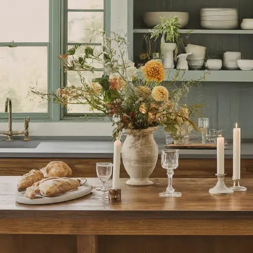 Kitchen area with candle, flowers and vintage material