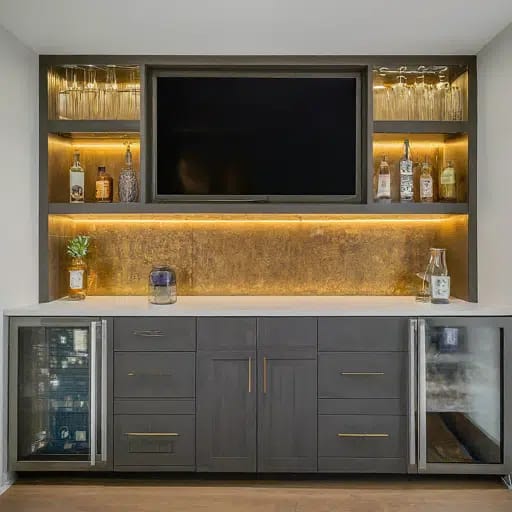 An entertainment hub with a wet bar featuring a TV mounted 
