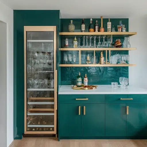 Luxe wet bar featuring emerald cabinets and marble countertops