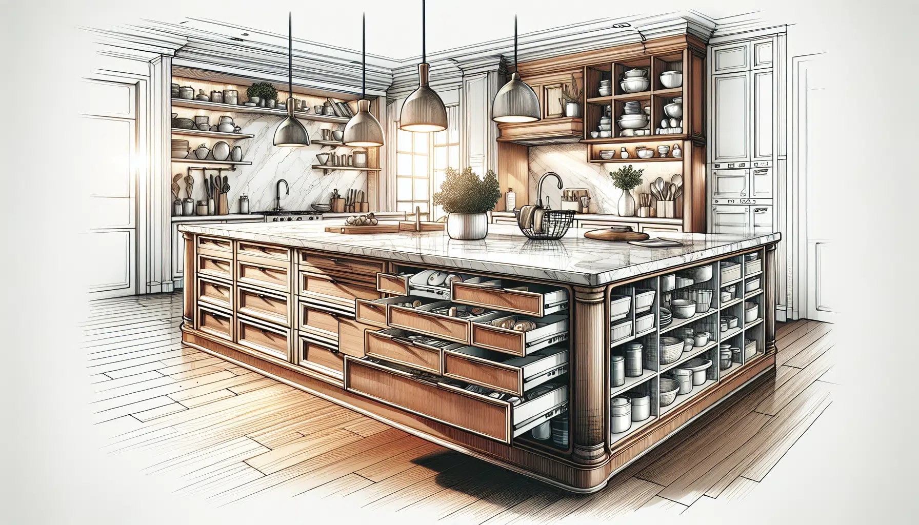 Versatile kitchen island with storage and workspace