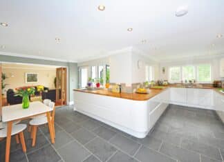 Brown and white wooden kitchen island for a unique kitchen design