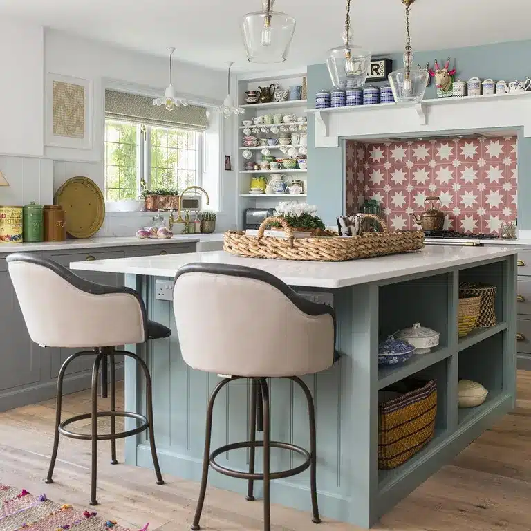 kitchen island with open shelving to maximize storage space