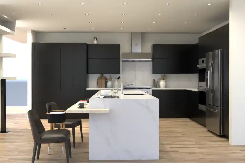 modern kitchen featuring lacquer matte black cabinets with flat panel or slab doors