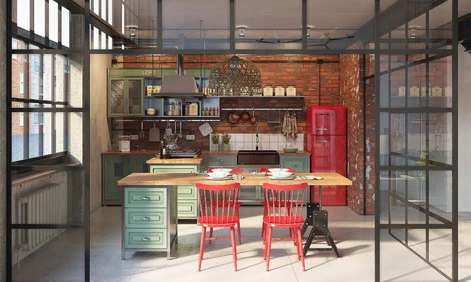 industrial style kitchen design idea featuring vibrant contrasting colors