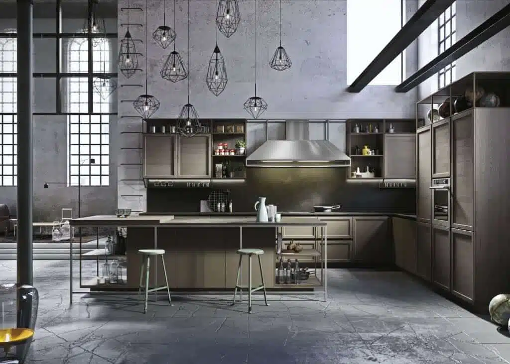 kitchen design featuring industrial, modern and classical influences