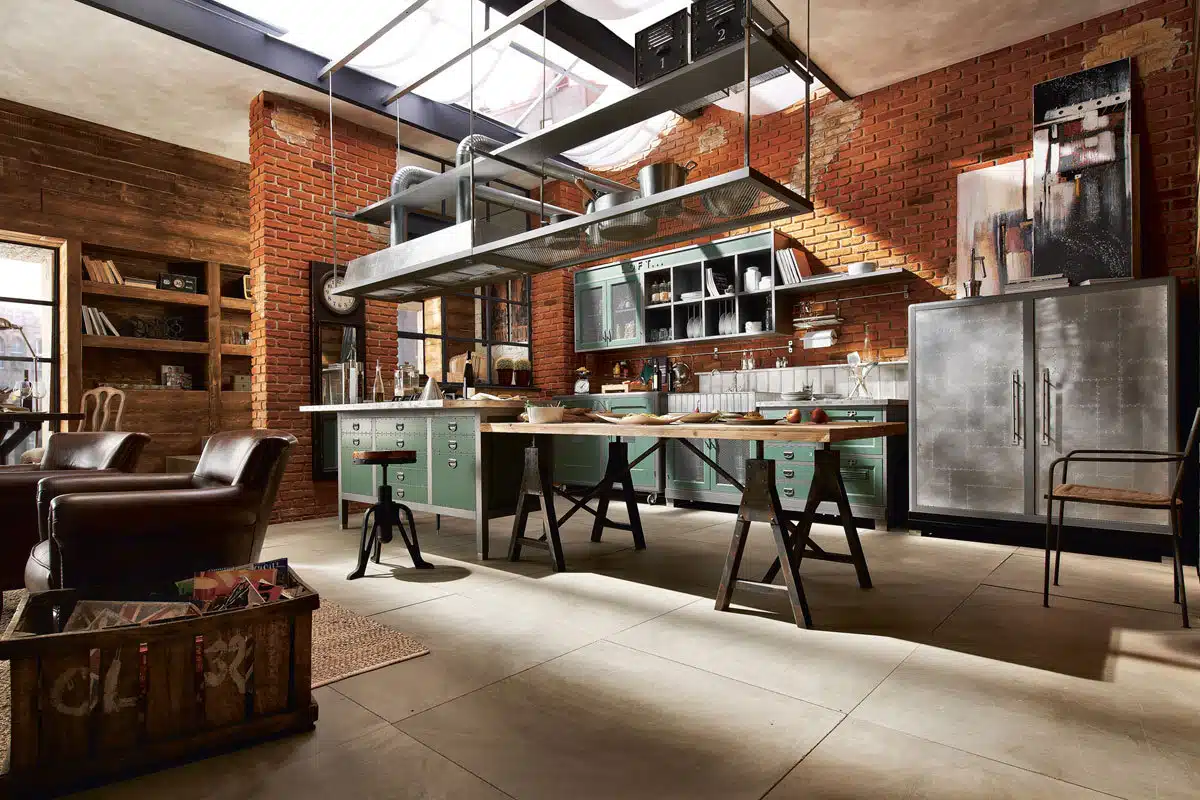 industrial kitchen design incorporating bricks and metal