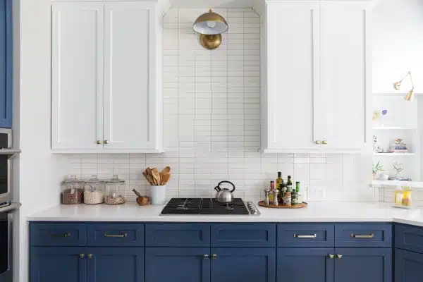 white and blue two toned cabinets 