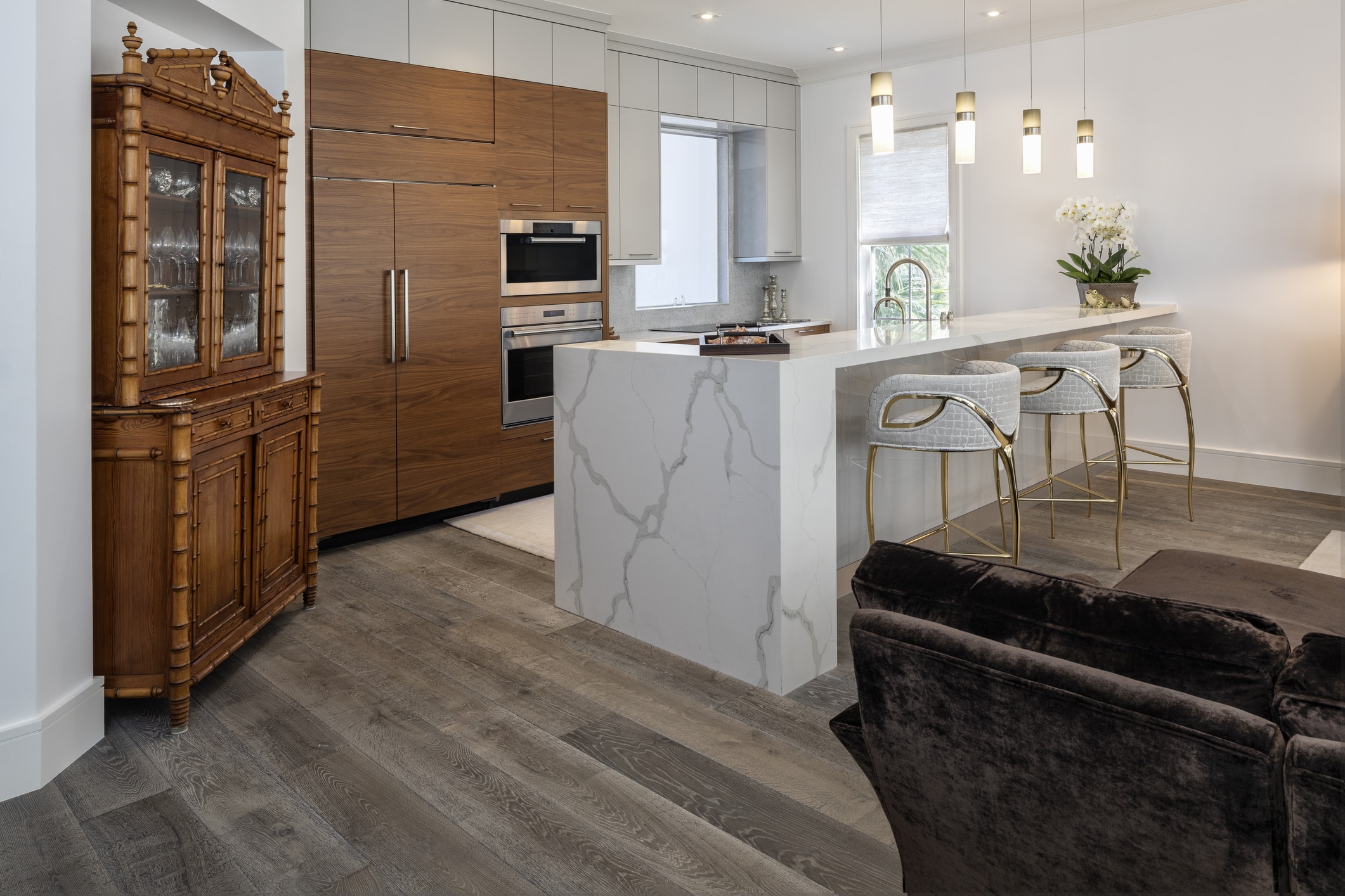 patterned kitchen countertop in a european style kitchen