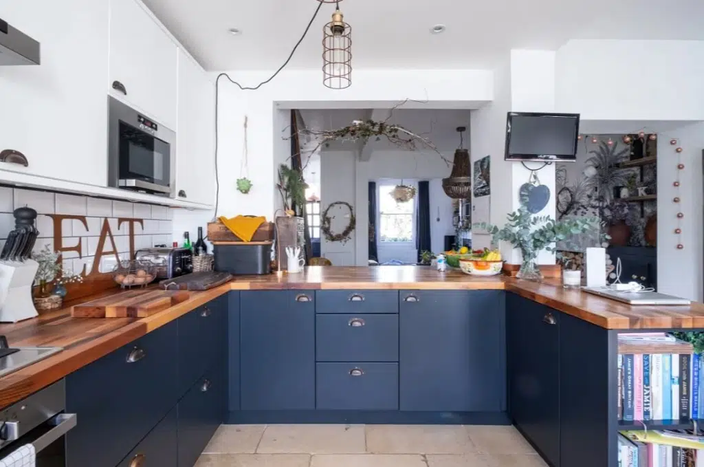 deep blue boho scandi kitchen design