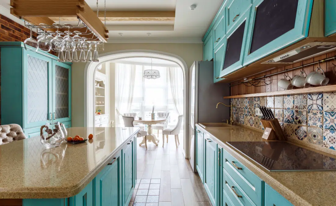 mediterranean kitchen design featuring hanging wine glass holder