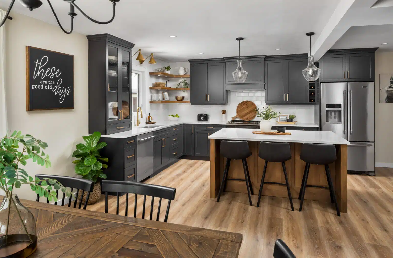 modern range hood with rustic cabinets