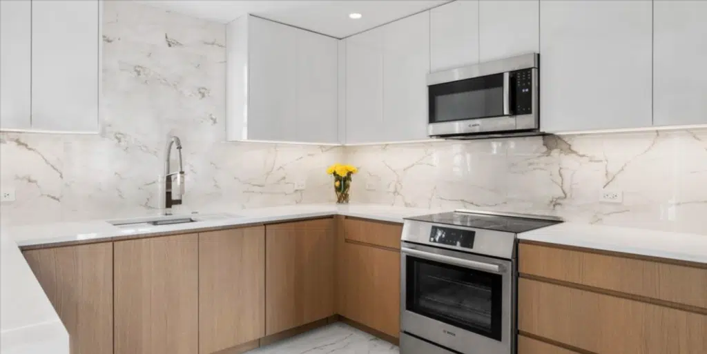 shinnoki wood veneer panels applied on kitchen cabinets