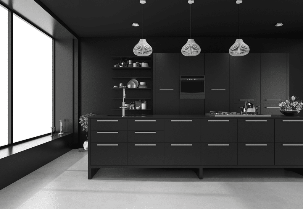 3d rendering of black modern luxury kitchen