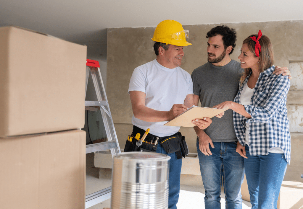 contractor talking to a couple while remodeling a home