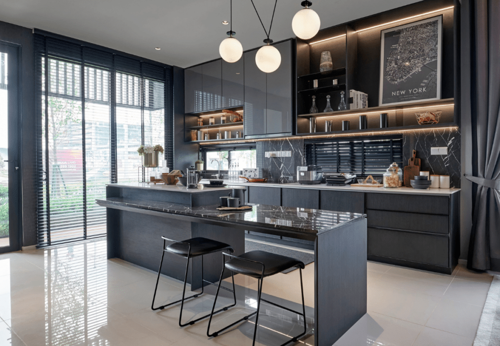 elegant modern kitchen design with dark wood cabinets