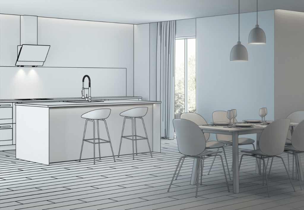 modern kitchen interior sketch 3d rendering