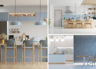 modern blue kitchen design 3d rendering