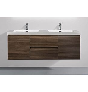 Angela 60 in. Vanity in Grey Oak with Acrylic Vanity Top in High Gloss White with Two High Gloss White Basins