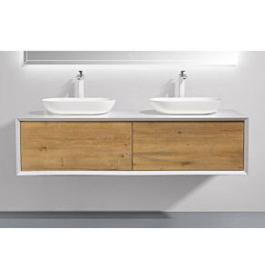 Fiona 63 in. Vanity in White Oak with Solid Surface Vanity Top in White with Two White Basins