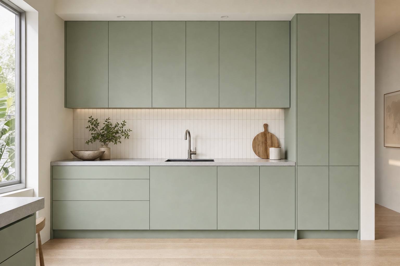 Super Matte Jade tall pantry and wall cabinets beside a stacked white tile backsplash