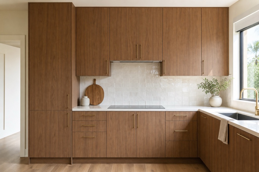 Auburn Carini Walnut drawer and door fronts with brass bar pulls below a white zellige backsplash