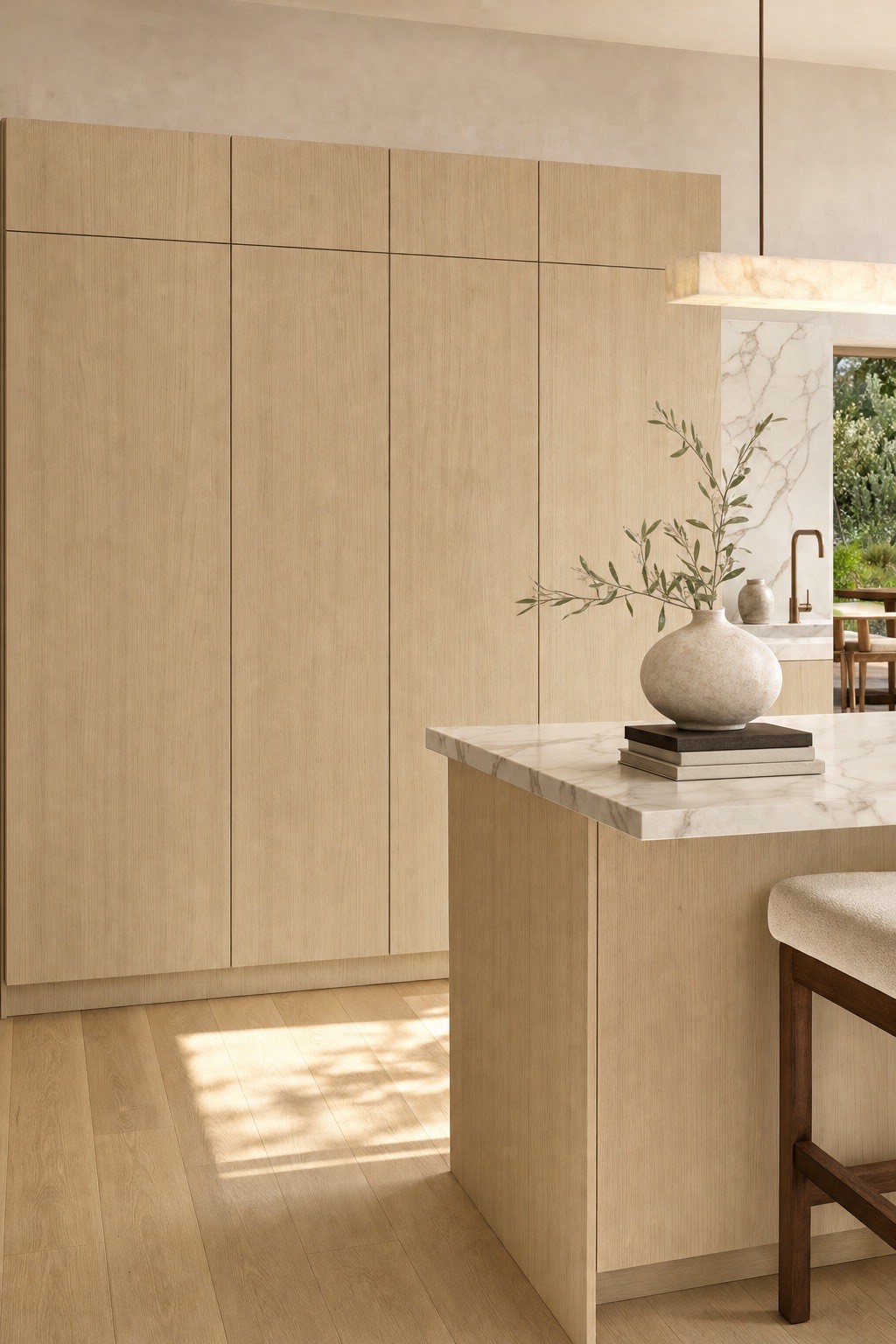 Floor-to-ceiling tall cabinets in Shinnoki Milk Oak beside an oak island with a white marble top, a stone vase and olive branches